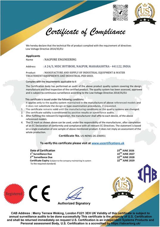 CE Certificate of Compliance issued to Nagpure Engineering by U.S. Certification under Low Voltage Directive 2014/35/EU