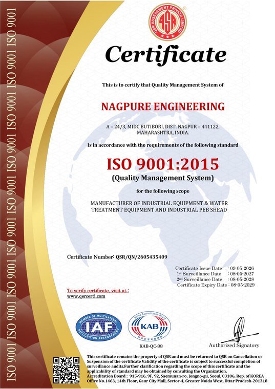 ISO 9001:2015 Quality Management System certificate issued to Nagpure Engineering by QSR Assessment Private Limited