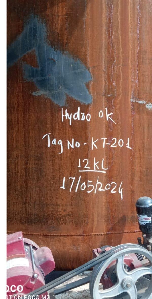 Hydrostatic test record with tag number chalked on vessel shell